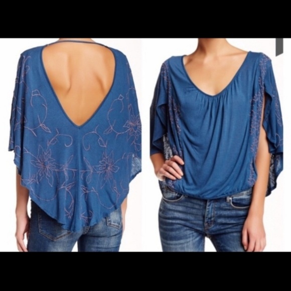 Free People blue embroidered boho top - Picture 4 of 7